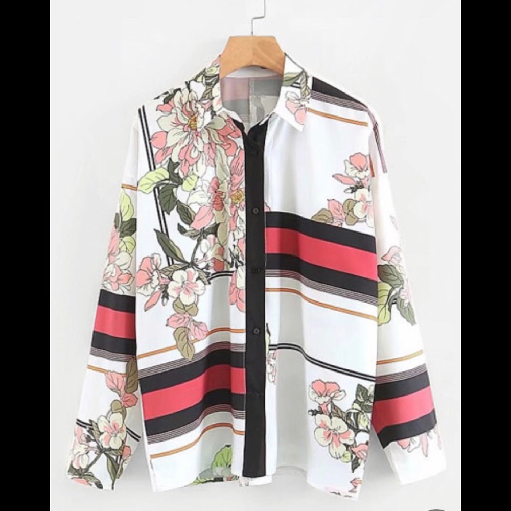 Striped / floral print blouse